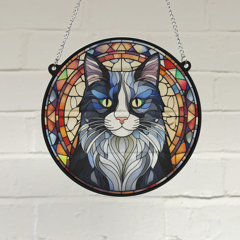 Cat Black & White Stained Glass Effect Suncatcher